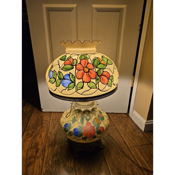 Vintage 23" Hurricane Tiffany Style Table Lamp Hand Painted Floral Gone W/ Wind - Picture 5 of 16